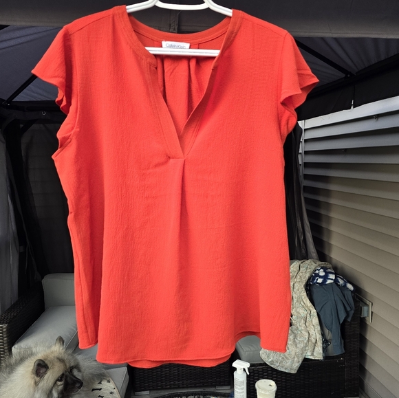 Calvin Klein Tops - Calvin Klein LARGE  Orangish Red Short Sleeve Blouse